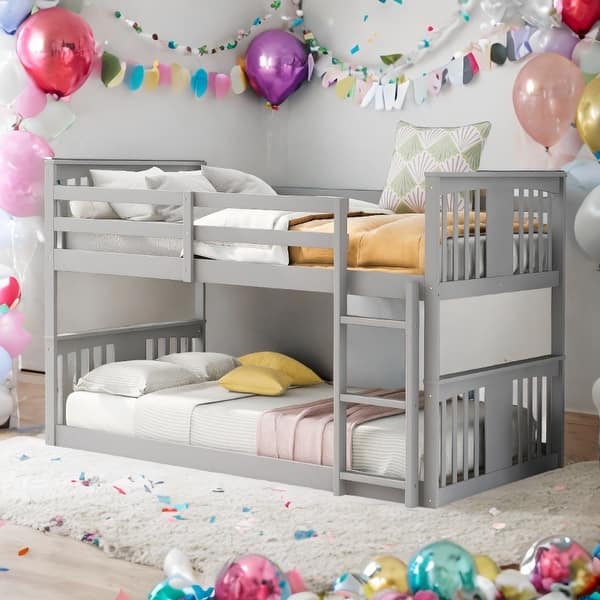 slide 2 of 26, Low Bunk Design Twin Over Twin Bunk Bed with Ladder