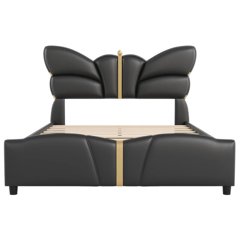 Modern Upholstered Butterfly Headboard Bed Frame with Gold Metal Decorations, No Box Spring Needed, Black