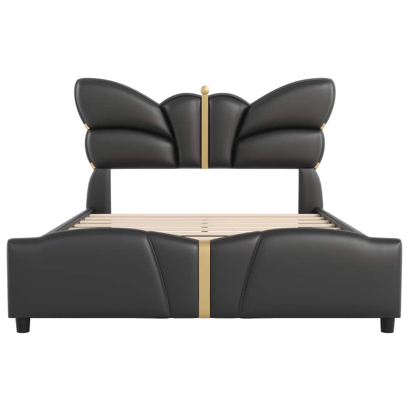 Roomfitters Full Size Upholstered Platform Bed Frame with Butterfly Headboard, Faux Leather, Gold Accent Trim