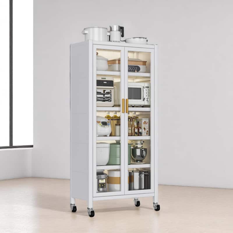 Floor-to-Ceiling Metal Kitchen Pantry Cabinet with Double Doors, Rolling Storage Shelf for Microwave and Bowls