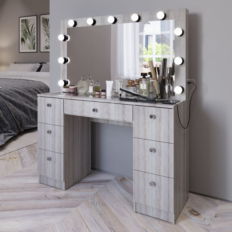 Modern White Makeup Vanity Desk with 13 Dimmable Lights, Glass Top, USB-A & USB-C, 7 Drawers, Hair Dryer Holder, and Stool