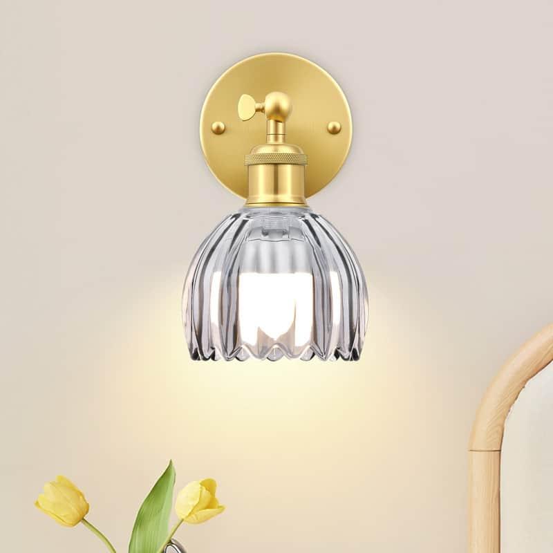 Adjustable Vintage Wall Sconce with Amber Tulip Glass Brass Fixture with Switch Ideal for Bedroom Hallway or Entry