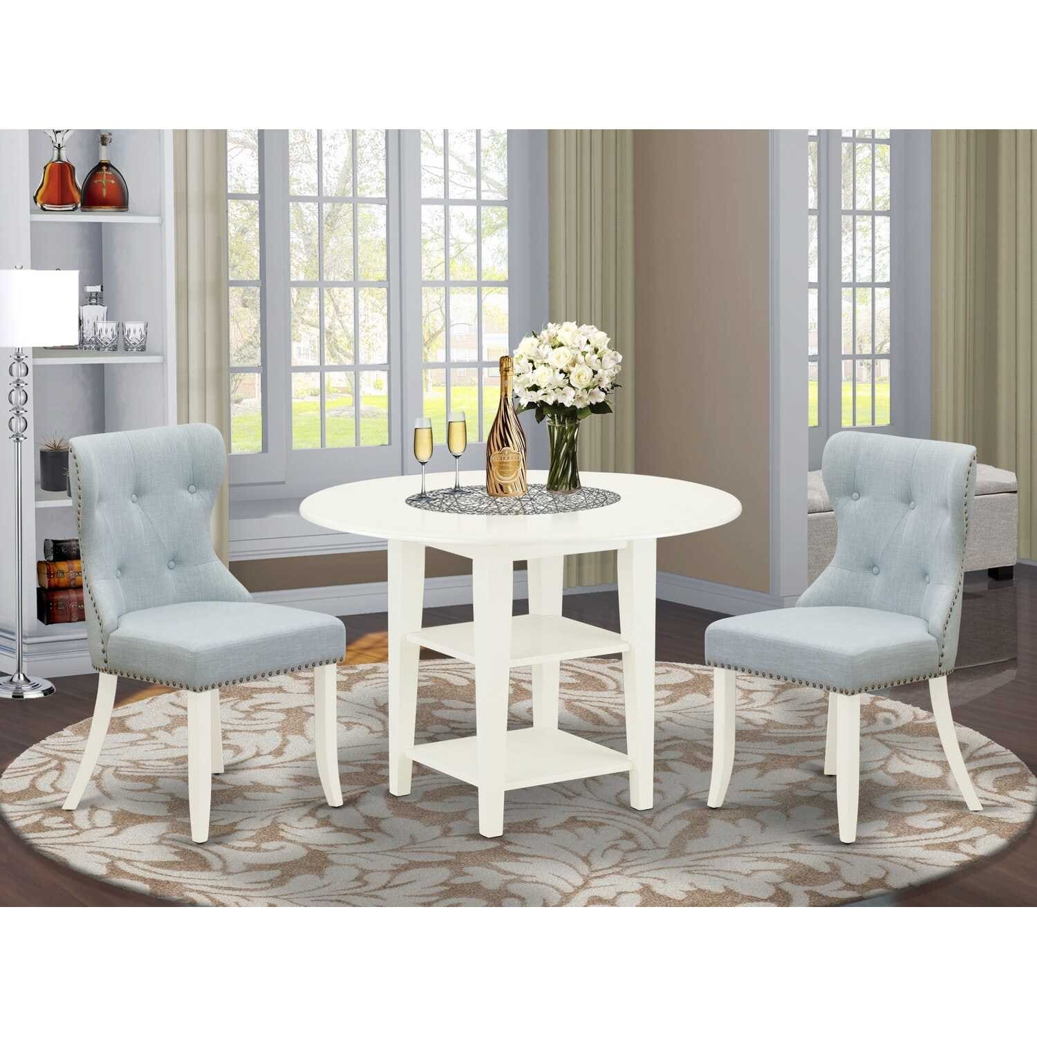 HomeStock 3-Pc Linen White Finish Solid Wood Top Dining Table Set