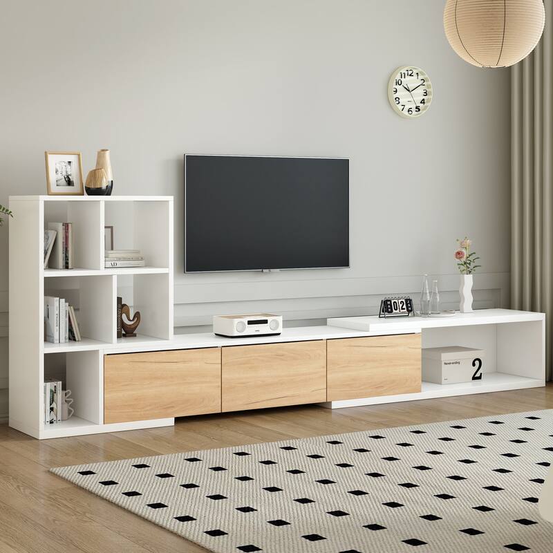 Modern 126" Extendable TV Stand with Bookshelves & Storage Cabinets for Large TVs - White