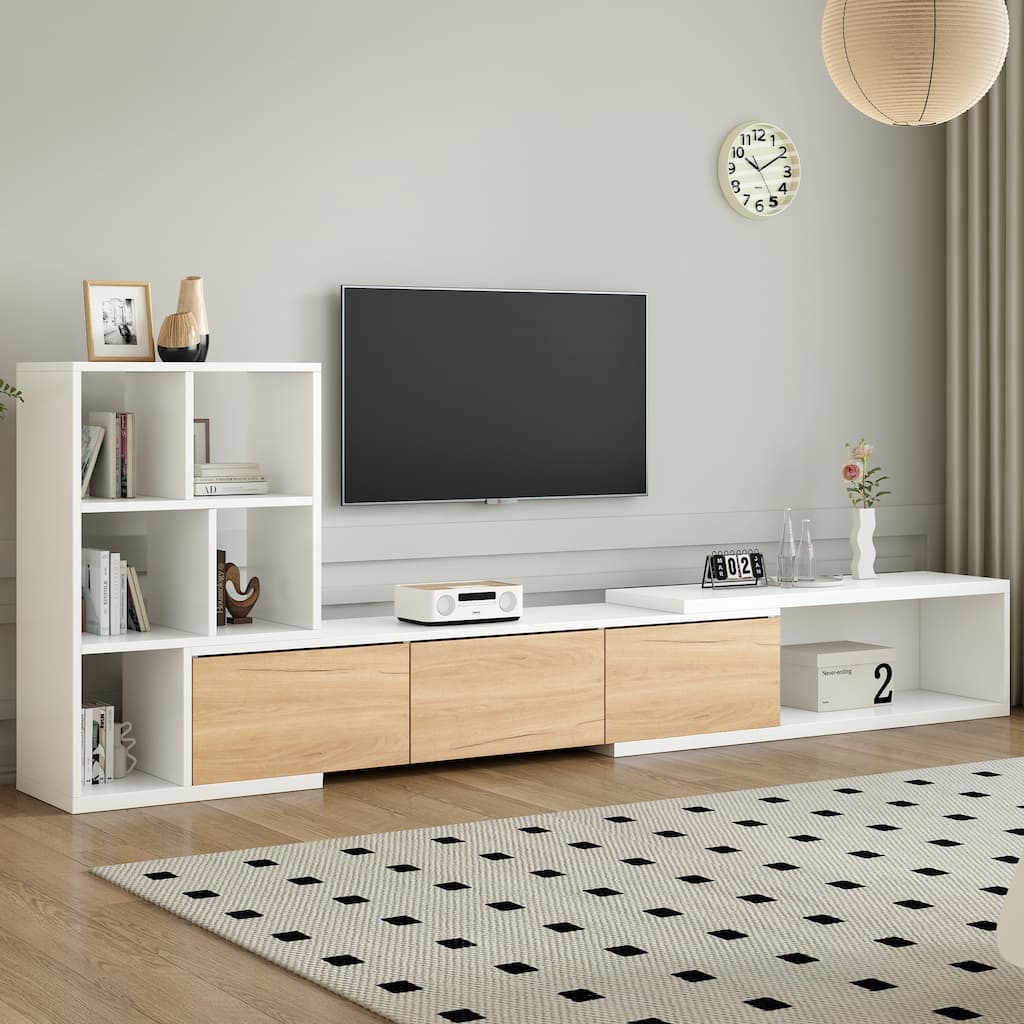 Modern Extended TV Stand with 3-Tier Bookshelves, Storage Cabinets and Sliding Tabletop, for Living Room, White