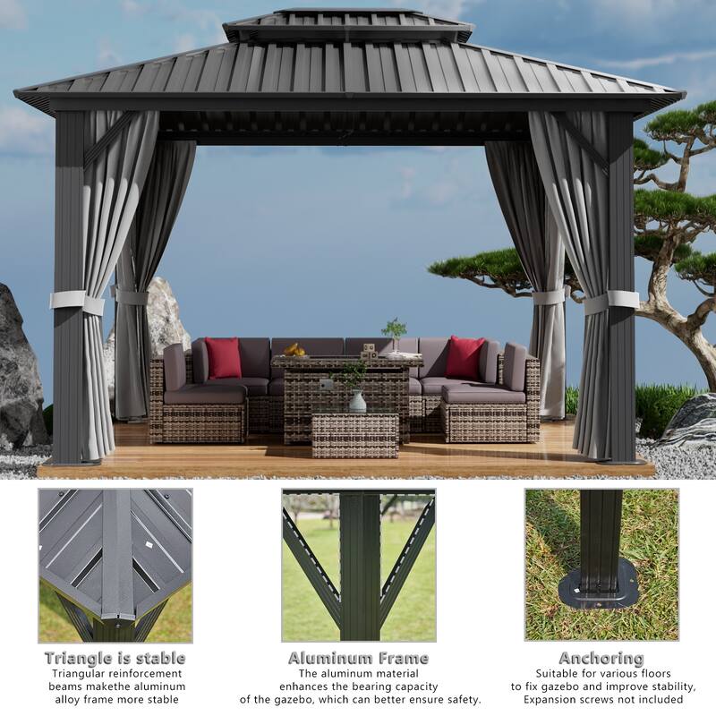 10'x12' Hardtop Gazebo, Aluminum Frame Canopy with Double Galvanized Steel Roof