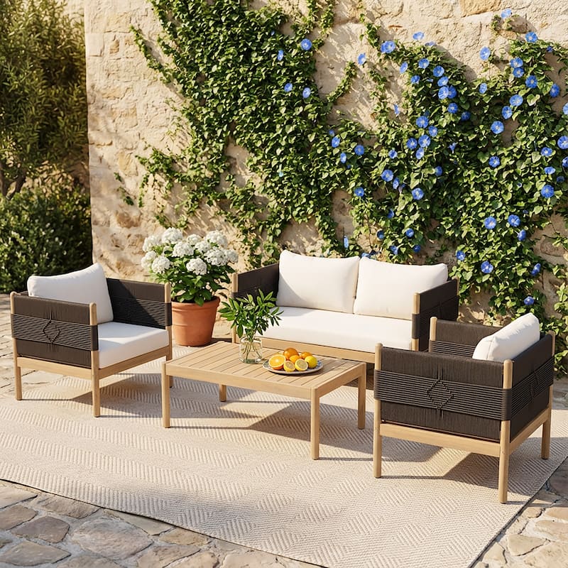 Christopher Knight Home - Outdoor 4-Piece Sofa Set with Acacia Wood Loveseat, Club Chairs & Coffee Table, Handwoven Rope Accents - Light Teak+Black Rope+Cream Cushion