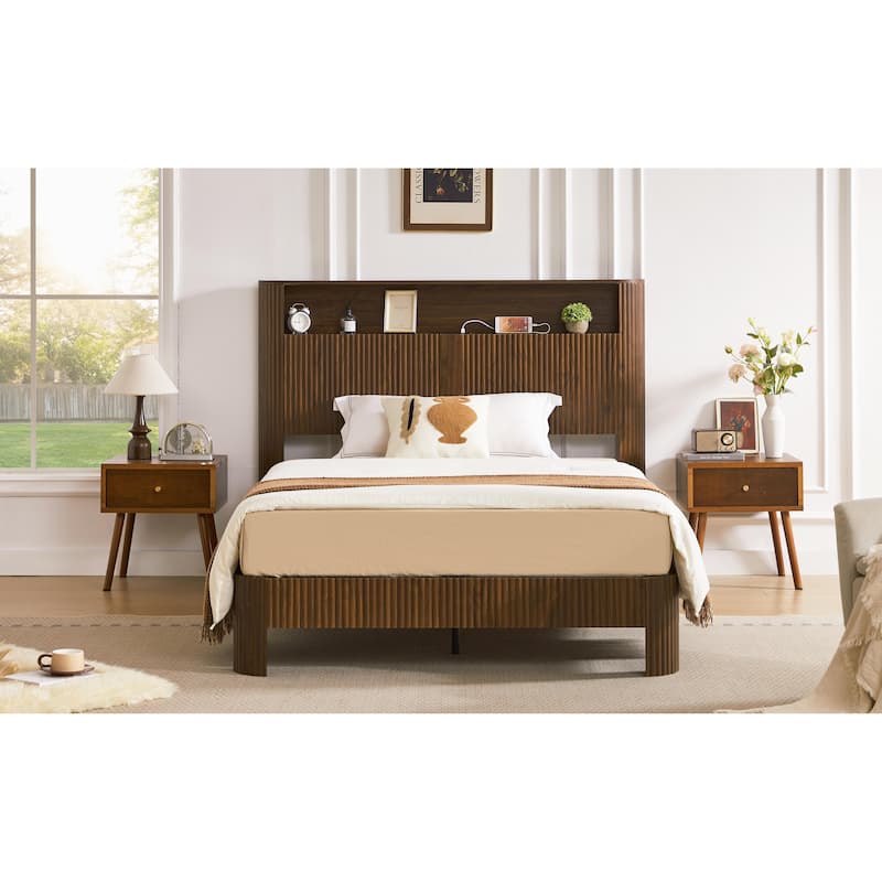 Full XL Bed Frame with Storage Headboard, Charging Station, Wavy Design, Silent Operation, Walnut Finish