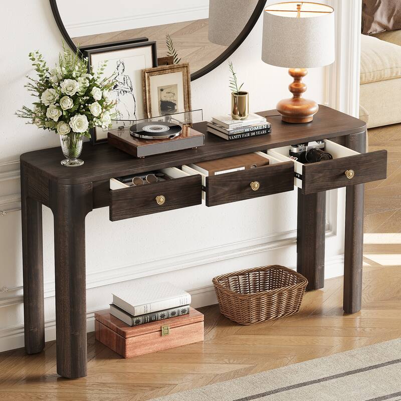 52" Rustic Console Table with Curved Corners and 3 Concealed Drawers - Espresso