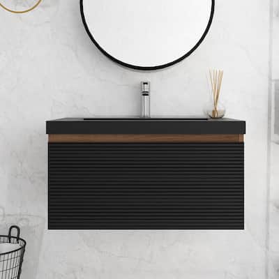Floating Bathroom Vanity in Natural Oak with Integrated Resin Top