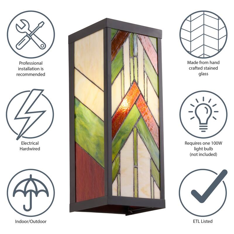 River of Goods Green Stained Glass and Black Satin Rectangular 1-Light Outdoor Wall Sconce - 6.25" x 5.5" x 16.25"