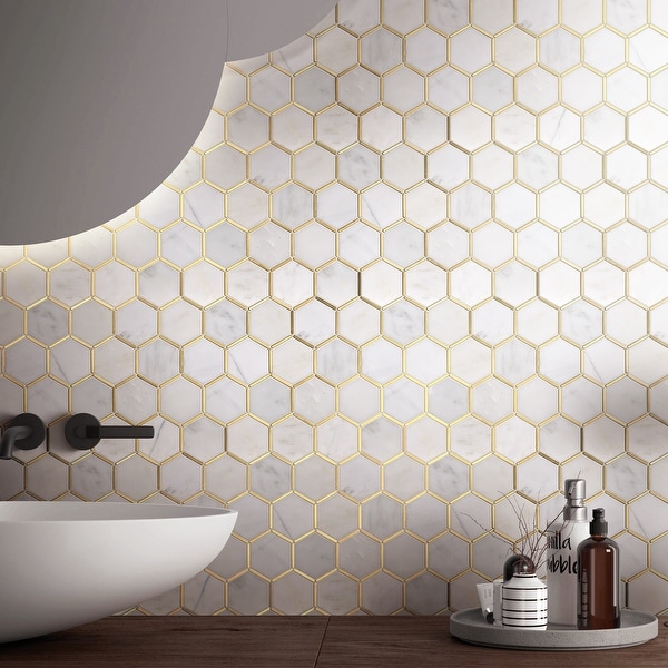 TileGen. Natural Bianco 3" x 3" Honeycomb Hexagon Metal and Marble Mosaic Tile in Gold/White Wall Tile (10 sheets/9.7sqft.)