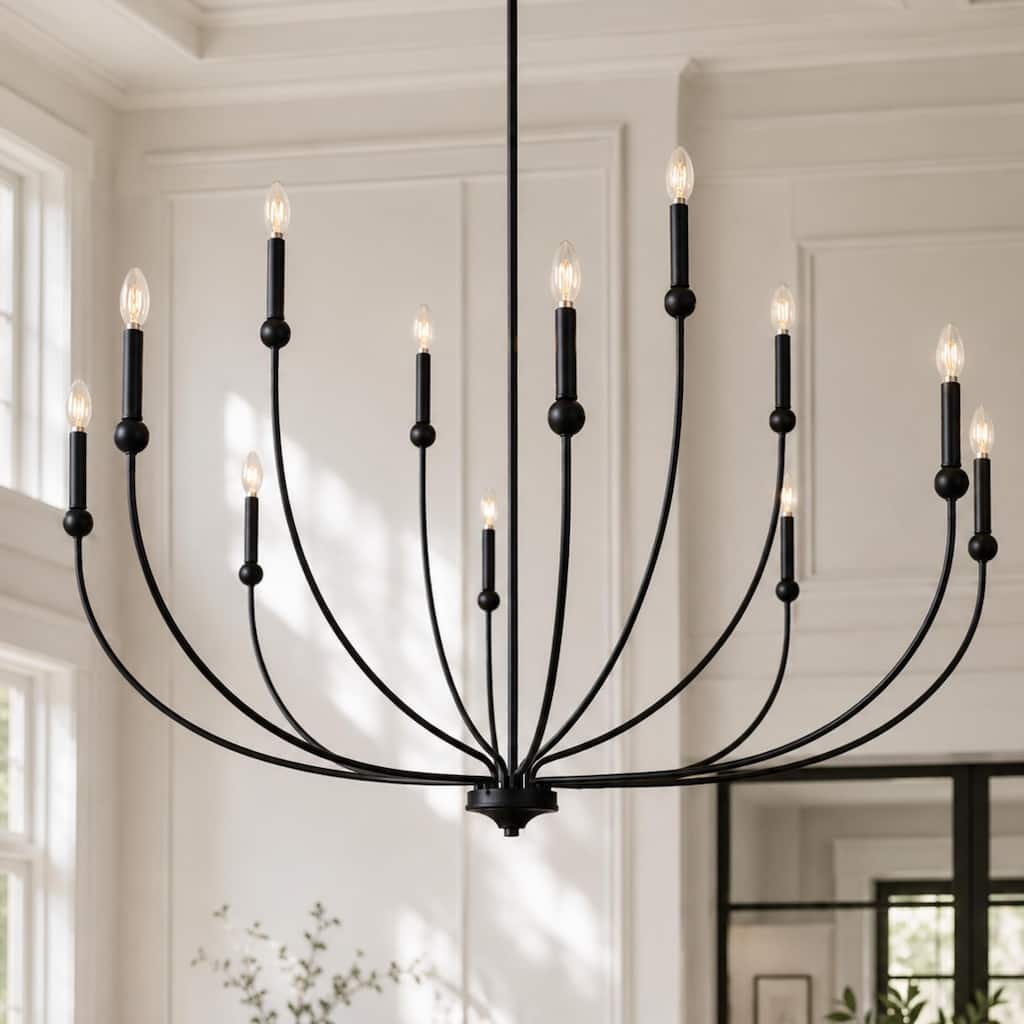 LALUZ Modern Transitional 2-Tier 12-Light Black Wheel Chandelier for Large Living Dining Room Foyer - Dia. 48.8" x H 31.5"