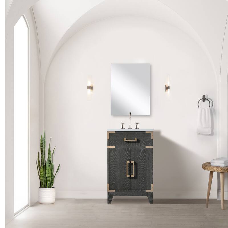 20 in. Black Oak Vanity with Acrylic Countertop, 18 in. Mirror, and Chrome Gooseneck Faucet Set - Compact Bathroom Sink