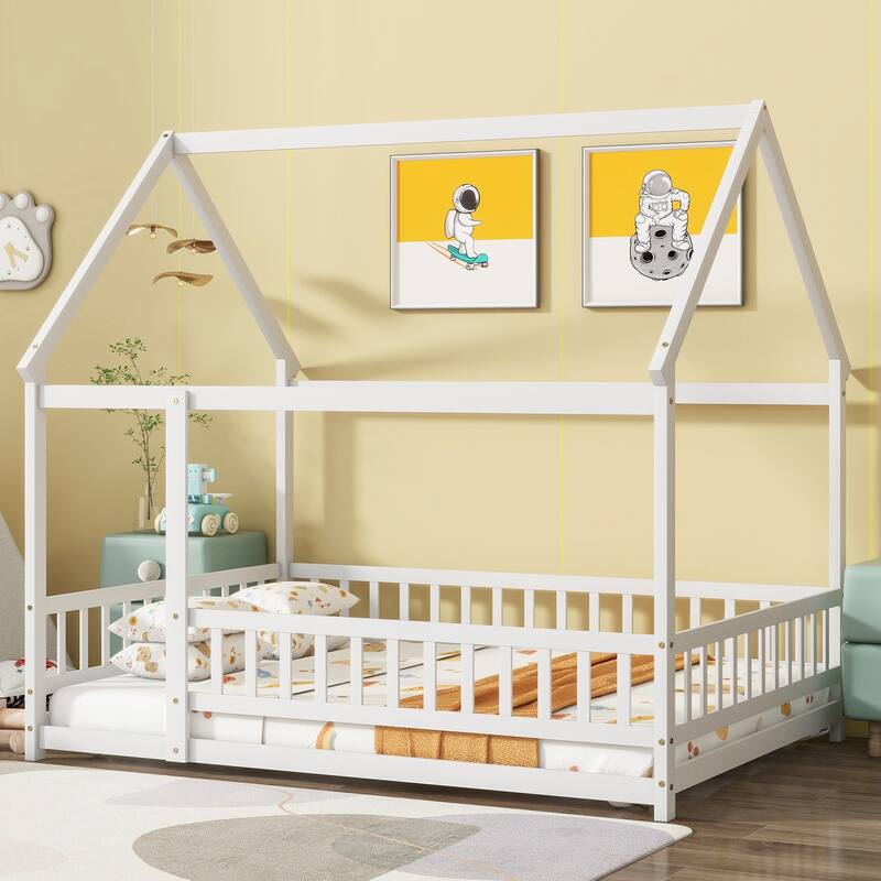 Full Size House Floor Wooden Bed with Roof Frame