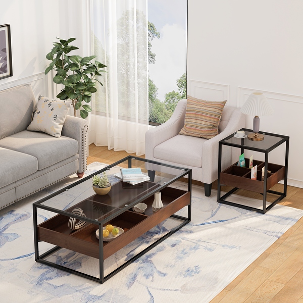 47.24 Rectangle Glass Coffee Table with Storage Shelf Black