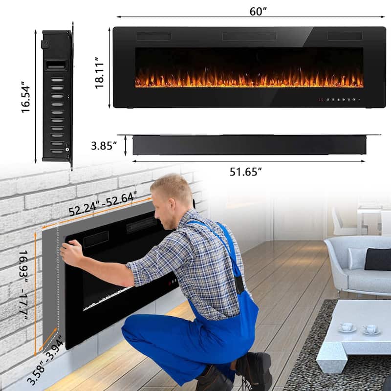 Bossin 30 to 72 inch Electric Fireplace Ultra-Thin and Silence Linear Recessed Wall Mounted Fireplace with Remote Control - 60 inch