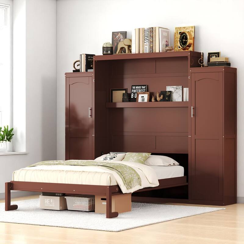 Full/Queen Murphy Bed with 2 Wardrobes and Shelf, Foldable Wall Bed Frame with Storage for Guest Room or Bedroom