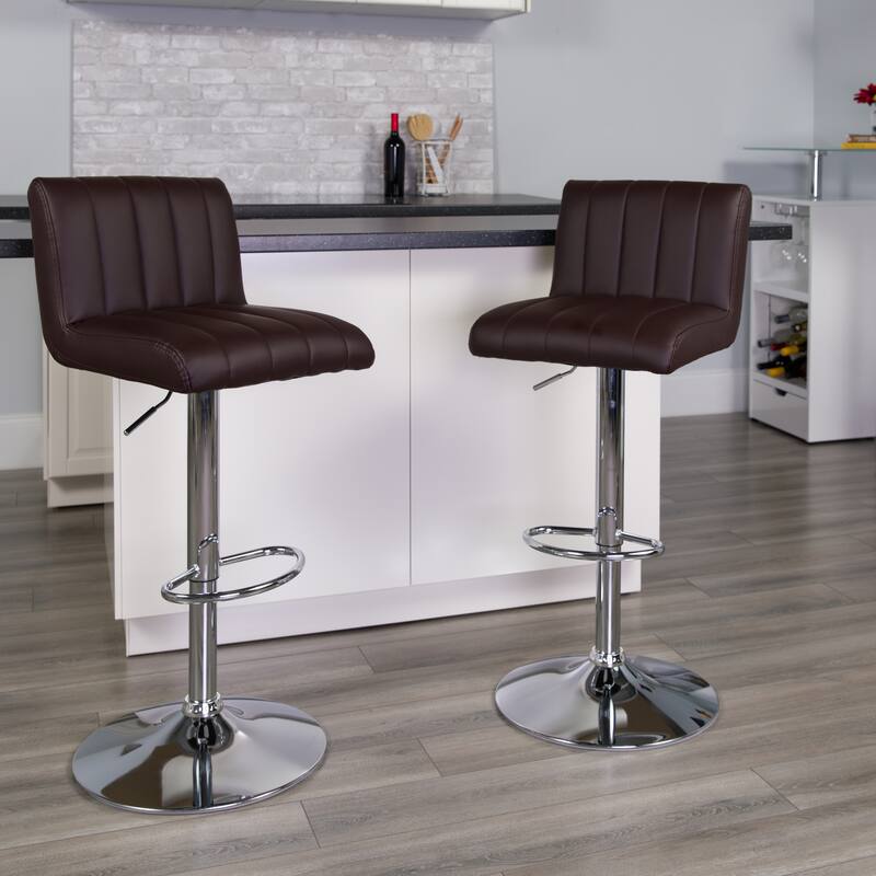 2 Pk. Contemporary Adjustable Height Barstool with Vertical Stitch Back/Seat - Brown