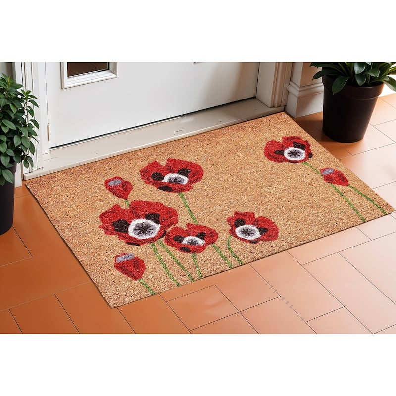 HomeRoots 24" X 36" Natural And Red Coir Floral Outdoor Door Mat - 24' X '36 - 24' X '36