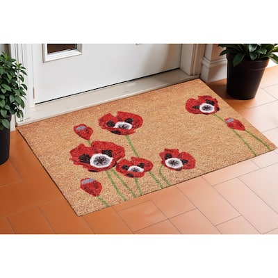 HomeRoots 24" X 36" Natural And Red Coir Floral Outdoor Door Mat - 24' X '36