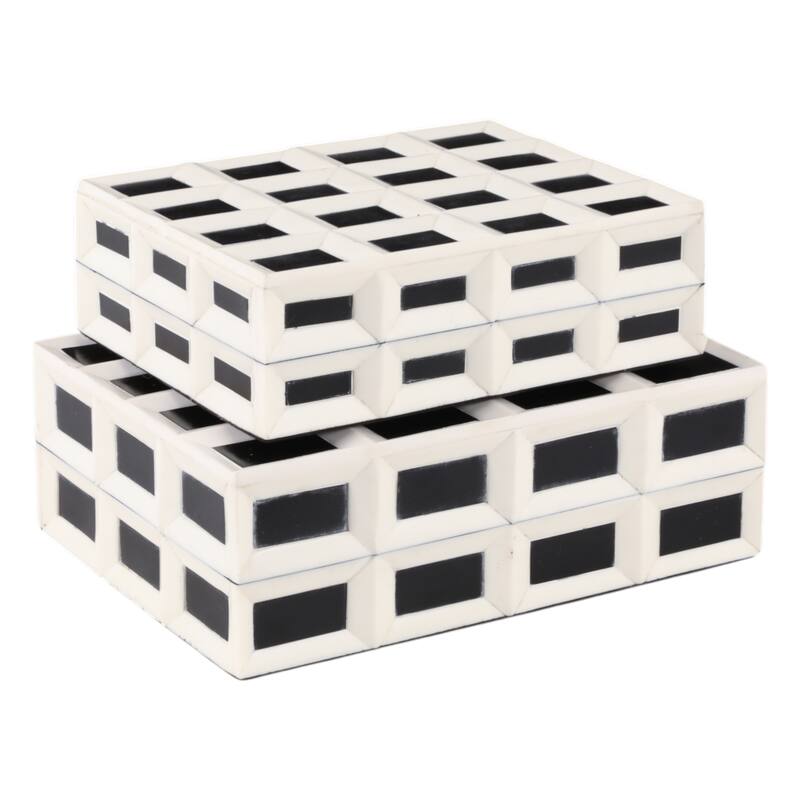 Decorative Checkered Pattern Box with Lid - Set of 2, 10", 12" White - 12.25"