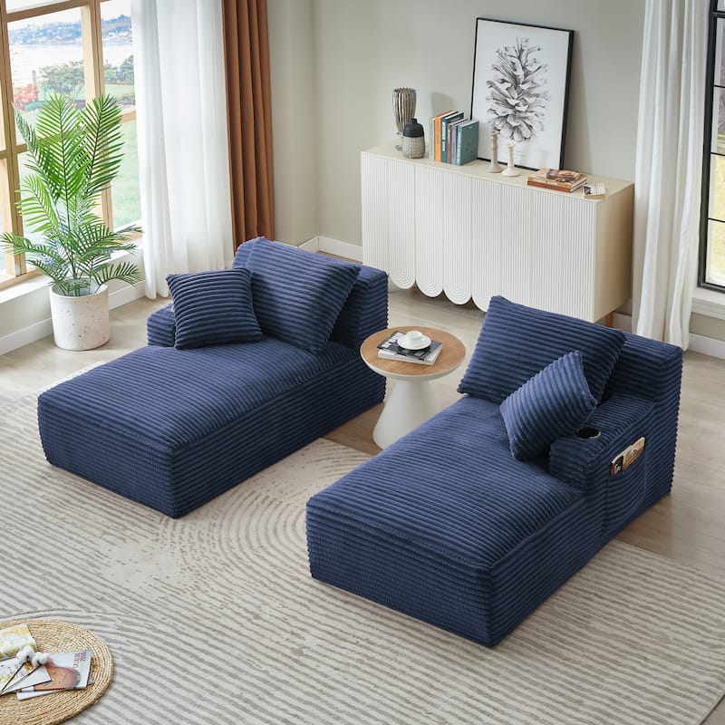 Compressible Double Chaise Lounge With Cupholders - No Assembly Required, Fluffy Modern Sleeper Loveseat