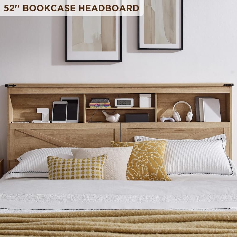 Farmhouse King Size Wood Bed Frame with Storage Headboard and Drawers