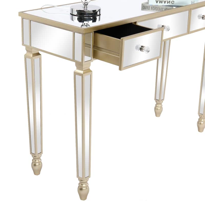 Gold Dressing Table with Glass Top and 3 Drawers Storage and Anti-Scratch Desk for Bedroom