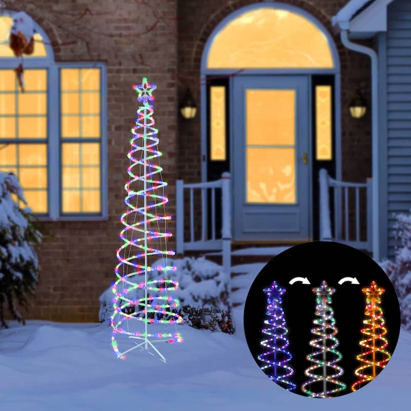 Alpine Corporation Indoor/Outdoor Artificial Spiral Christmas Tree with Multi-Color LED Lights - White - Medium