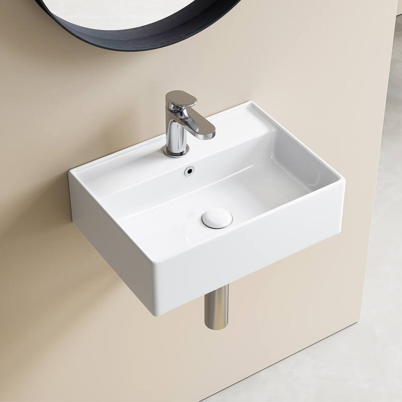 HOROW Rectangular Wall-Mount Install or On Countertop Bathroom Sink 17.72 in. with Single Faucet Hole in White
