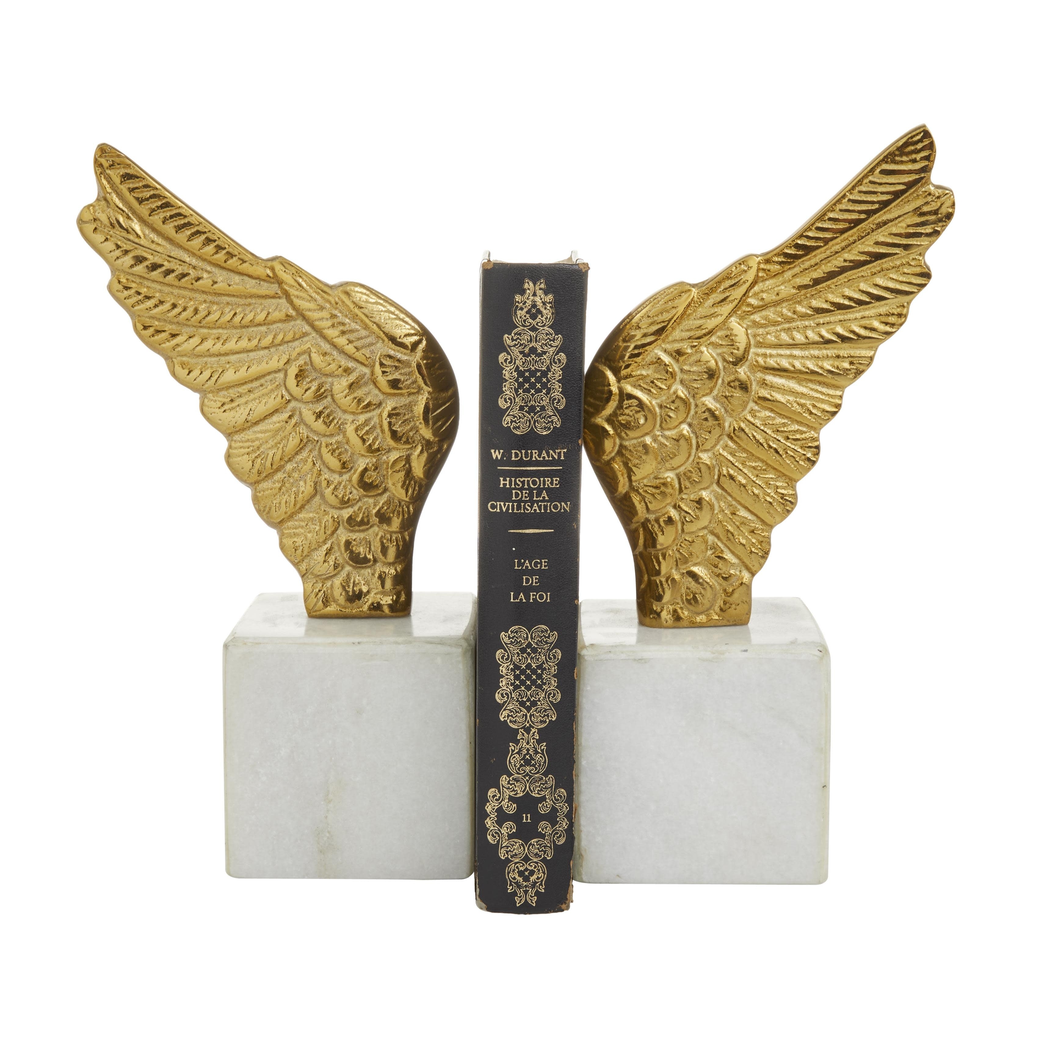 Roche River Decor - Aluminum Metal Bird Wings Bookends with Marble Base - Set of 2 Silver or Gold