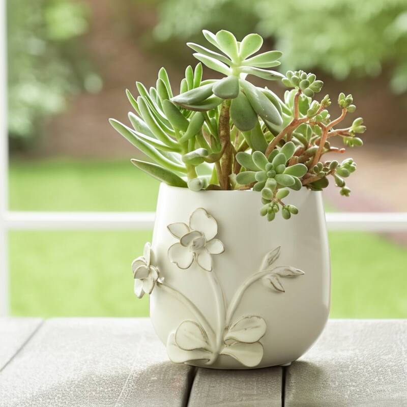Decorative Ceramic Flower Planter with Flower Applique - Ivory - 6.0"