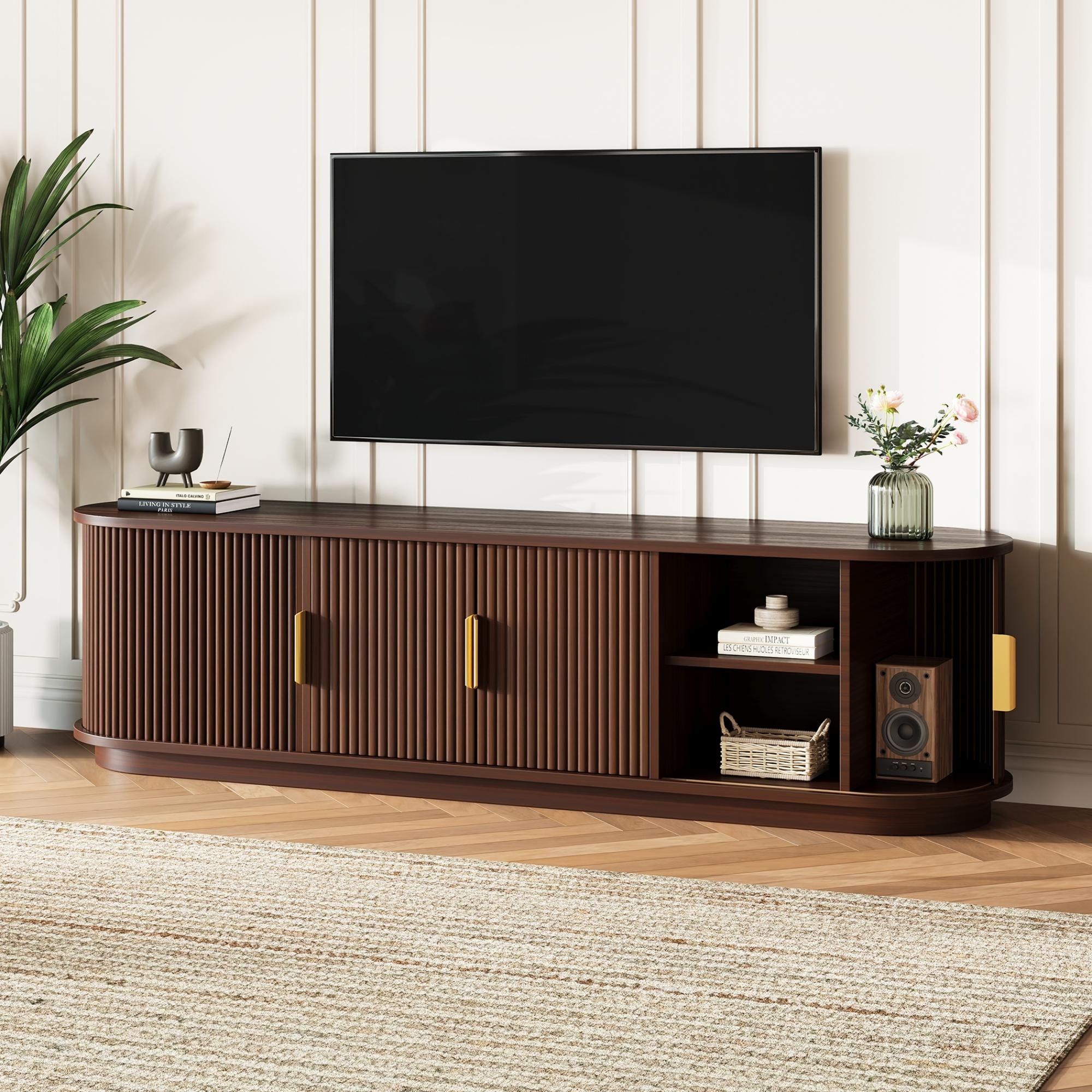 Farmhouse TV Stand & Coffee Table Set with Fluted Sliding Door & Golden Handles, for TVs up to 75"