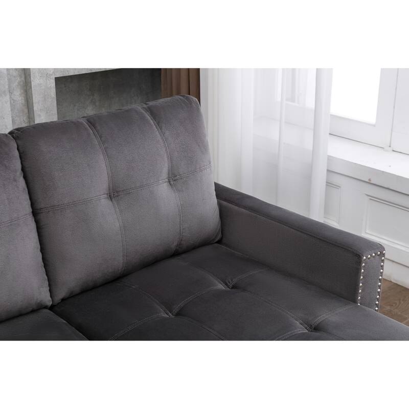 77 Inch Reversible Sectional Sleeper Sofa Bed, L-Shape 2 Seat, Dark Grey Velvet