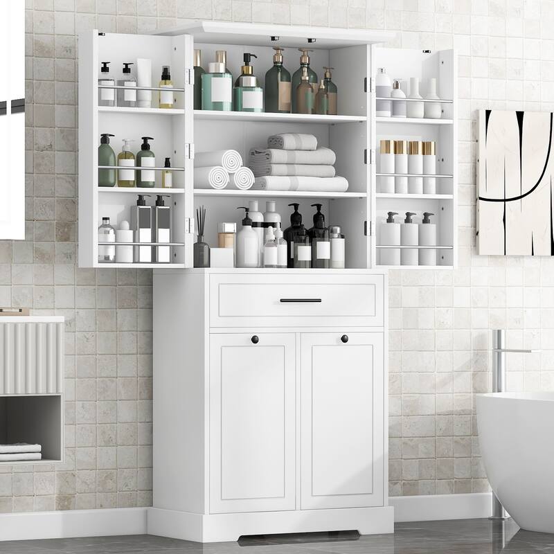 Freestanding Bathroom Storage Cabinet with Doors & Drawers, Tilt-Out Laundry Hamper, Adjustable Shelf, Multiple Storage Spaces