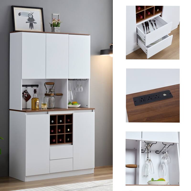 Coffee Bar Wine Cabinet with Storage Shelf, Kitchen Buffet Cabinet with Drawers, Storage Cabinet with Power Ports