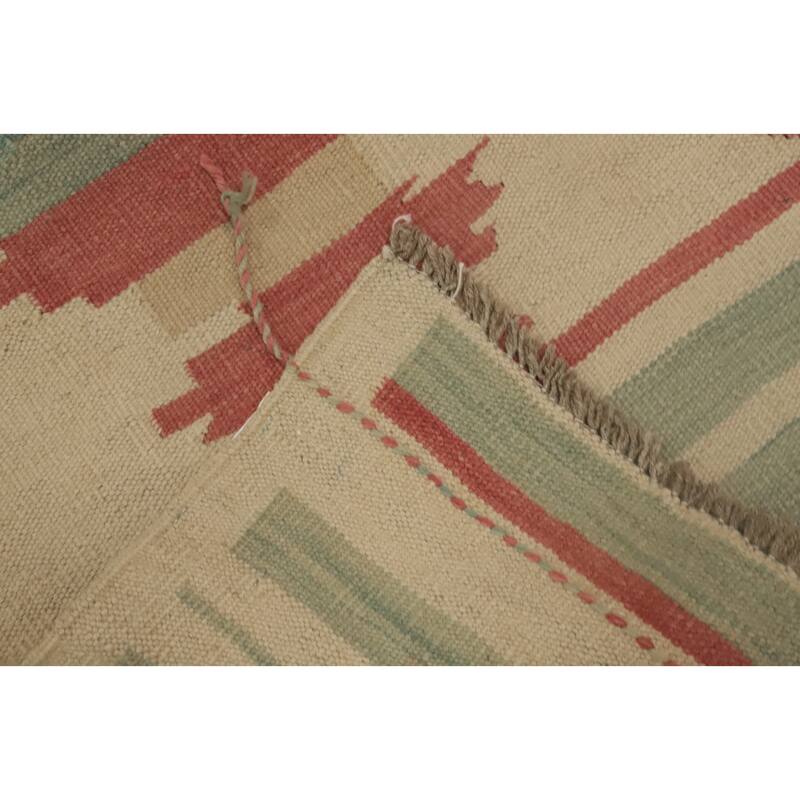 Hand Woven Oriental 100% Wool Carpet Southwestern Geometric Beige & Ivories Kilim Runner Rug - 9' 7'' X 2' 4''