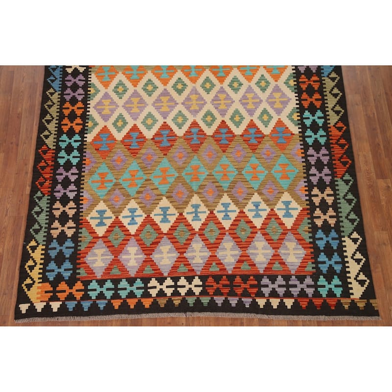 Hand Woven Oriental 100% Wool Carpet Southwestern All-Over Multi-Colored Kilim Area Rug - 9' 8'' X 6' 10''