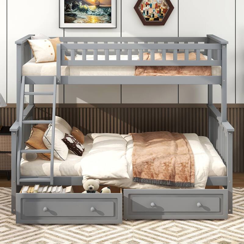 Convertible Twin over Full Bunk Bed with Storage Drawers, Gray