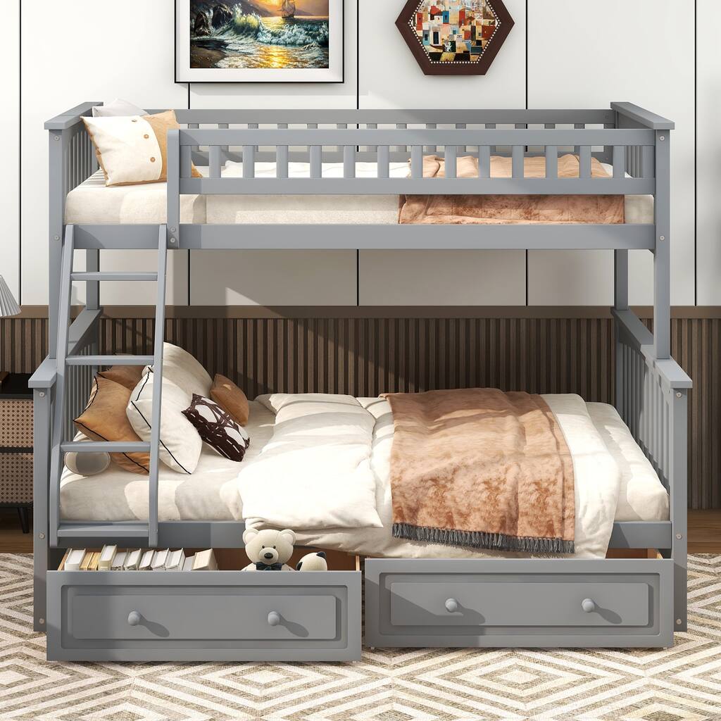 Wooden Twin over Full Bunk Bed with 2 Drawers, Detachable into 2 Beds, Solid Pine Wood Bunk Bed Frame with Fence Guardrail
