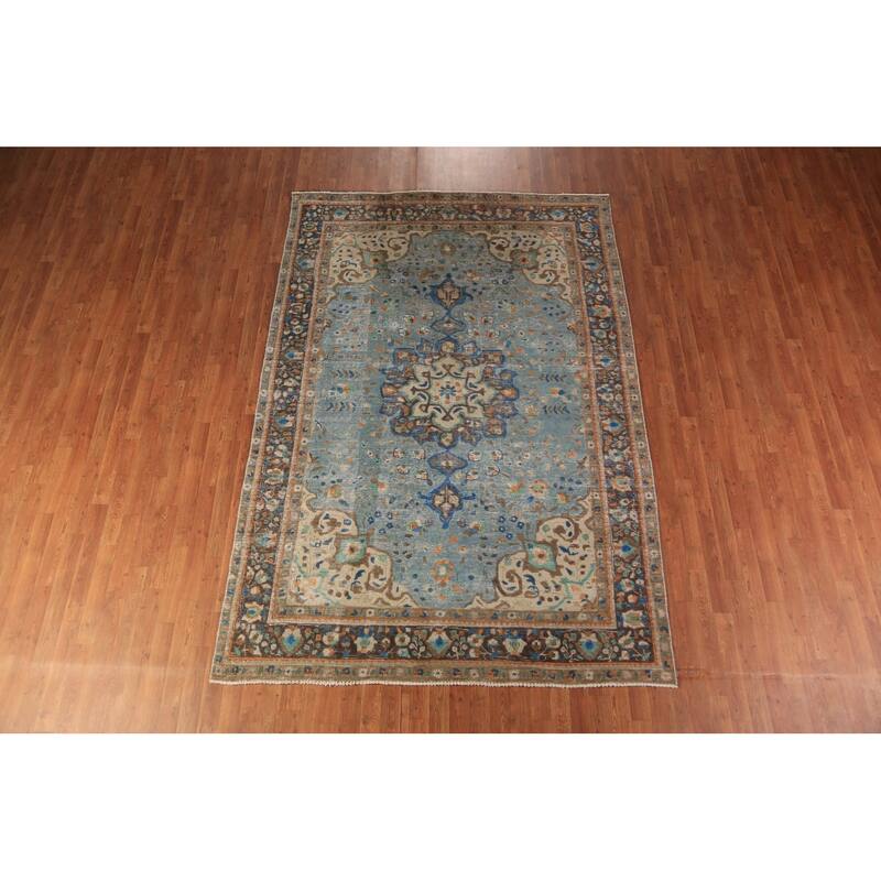 Blue Medallion Tabriz Persian Area Rug Handmade Oriental Wool Carpet - 6'5"x 9'5"