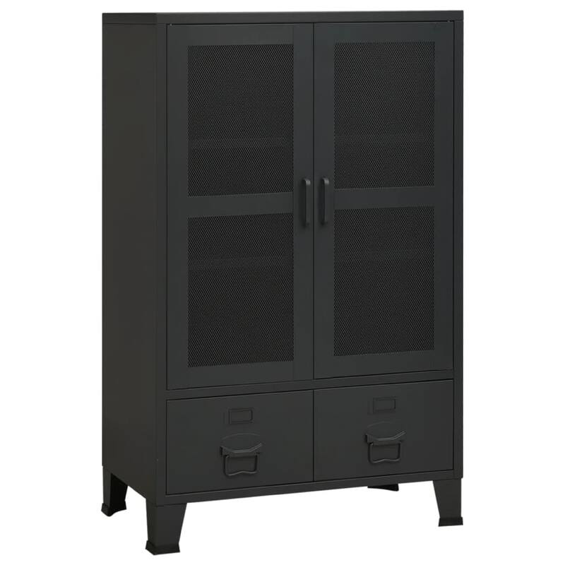 Coy Tall Storage Cabinet, 2 Drawers w 2 Mesh Front Doors, Metal Frame, Black