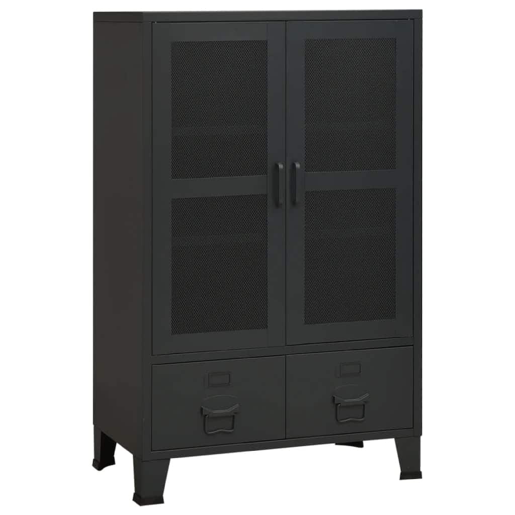 Coy Tall Storage Cabinet, 2 Drawers w 2 Mesh Front Doors, Metal Frame, Black