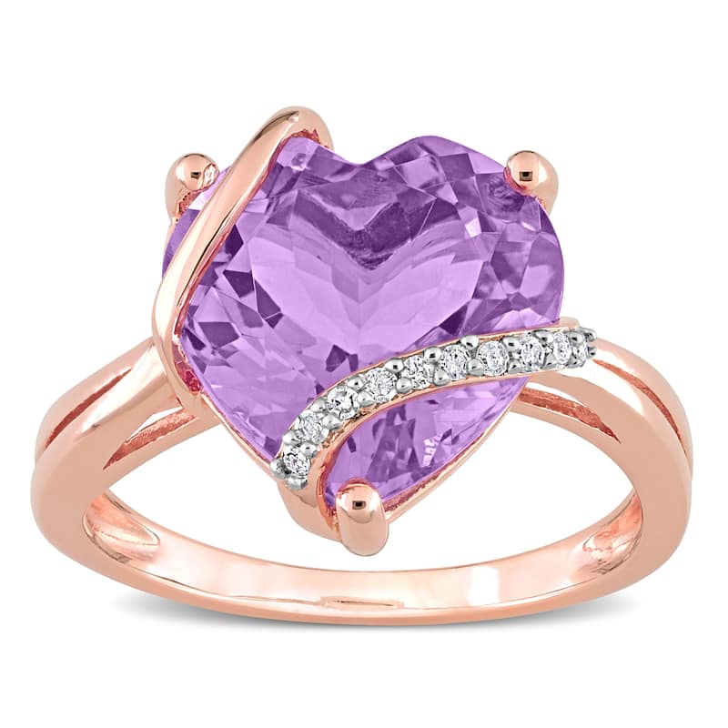 Miadora Heart-cut Amethyst and Diamond Accent Swirl Cocktail Split Shank Ring in Rose Plated Sterling Silver