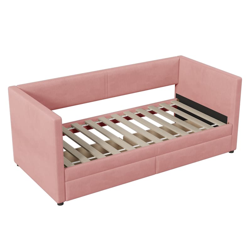 Vertical Lines Corduroy Daybed Wood Platform Bed with 2 Armrests & 2 Storage Drawers, Wood Slat Panel Bed