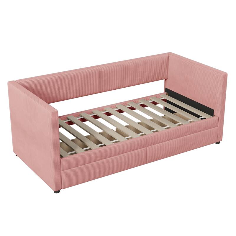Pink Corduroy Twin Size Daybed with Two Drawers and Wood Slat Support, No Box Spring Required, Easy Assembly