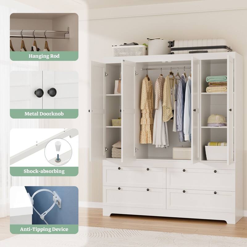 Gyomojoy Large White Wardrobe Closet with Drawers & Doors, Modular Armoire with Hanging Rods, Apartment & Dorm Storage