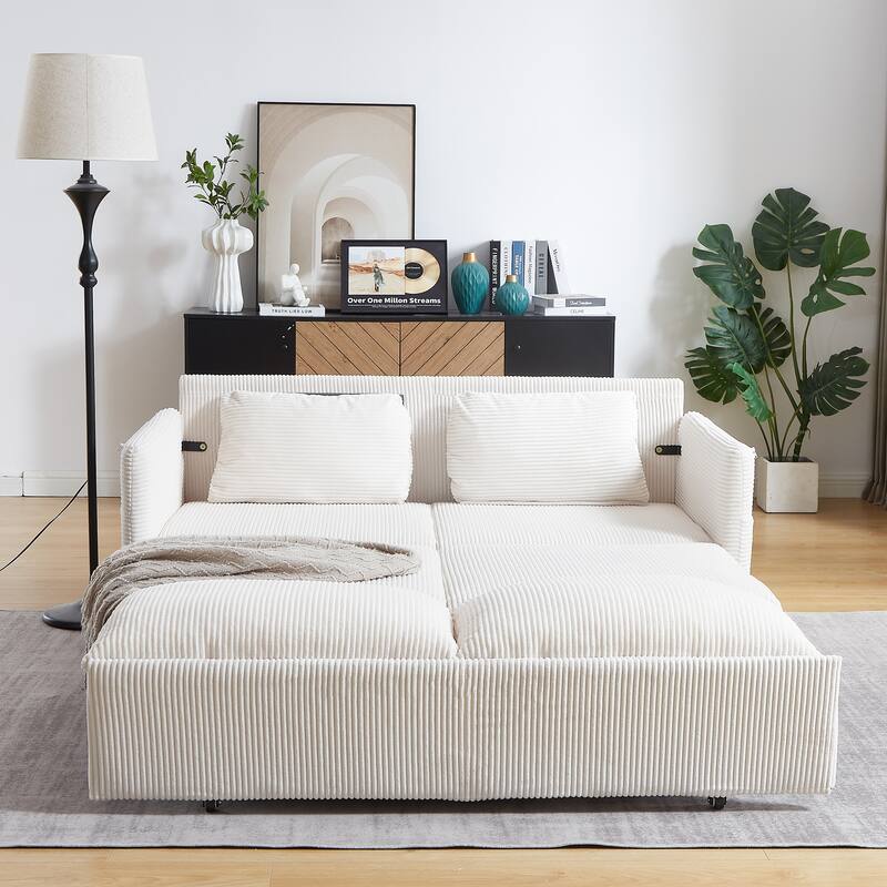 65" Corduroy 2-Seater Sleeper Sofa, 3-in-1 with Storage and Side Pocket