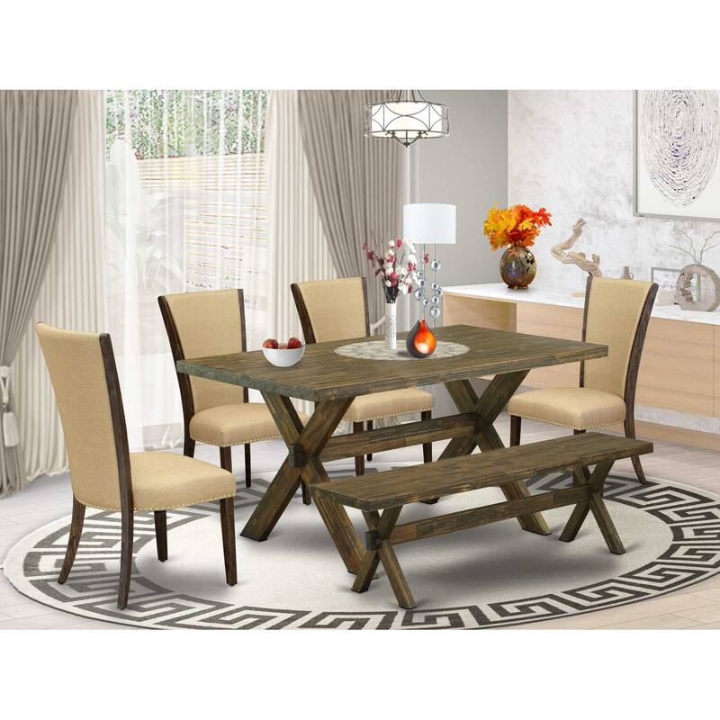 HomeStock 6-Piece Rectangle Distressed Jacobean Finish Solid Wood Top Dining Table with 1-Bench, 4-Chairs